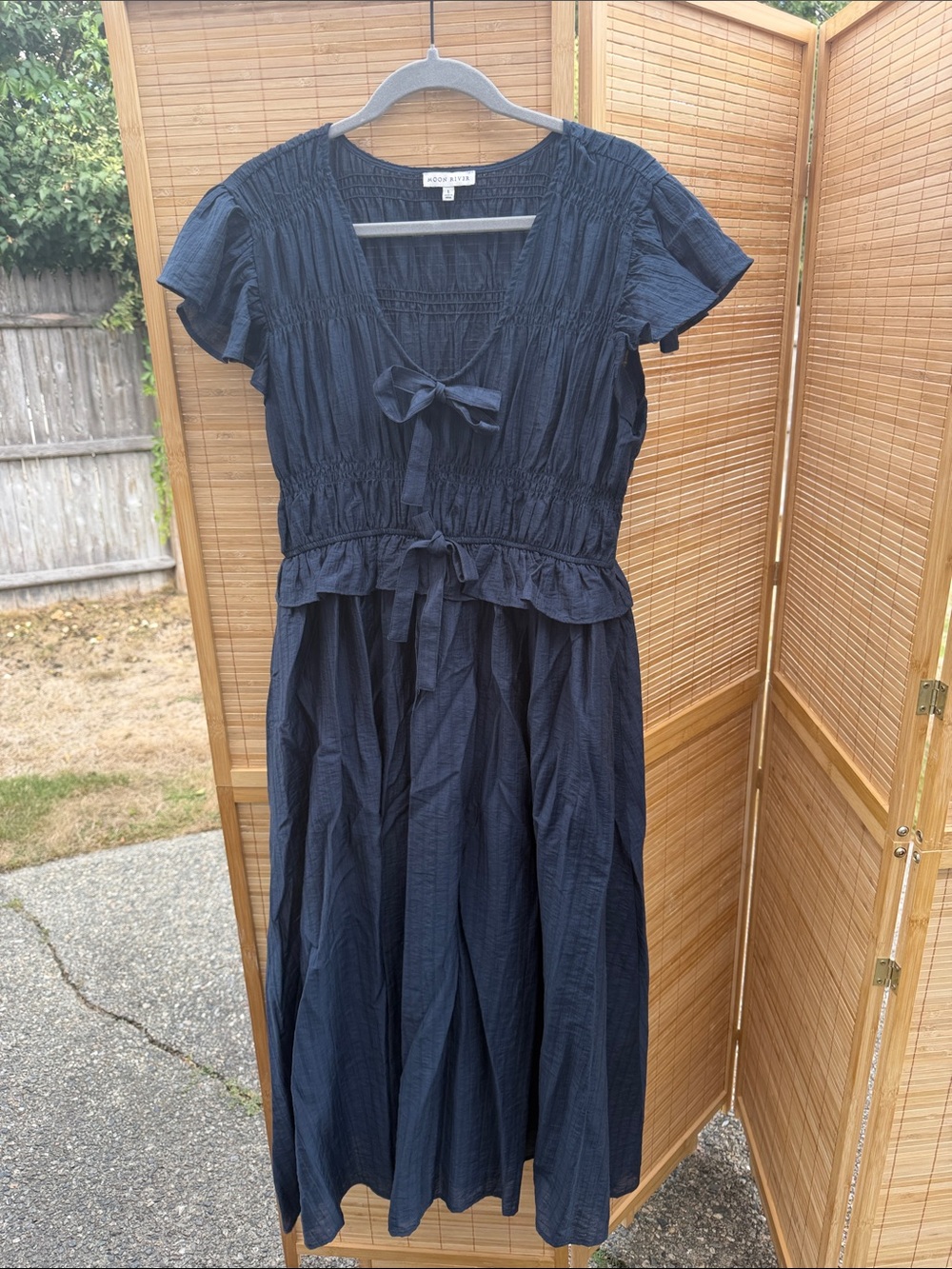 Moon River Navy Smocked Tie-Waist Maxi Dress